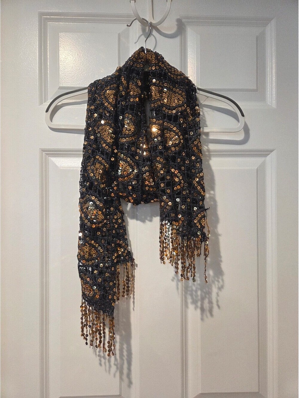 Black and Gold Sequin Embellished Shawl with Fringe